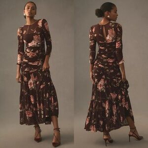 Anthropologie Floral Brown Maxi Dress